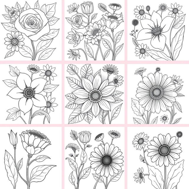 A beautiful collection of intricate flower designs for a coloring book, featuring a variety of flowers such as roses, lilies, sunflowers, and daisies