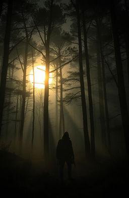 A mysterious and horrifying forest scene illuminated by a golden moon casting eerie shadows