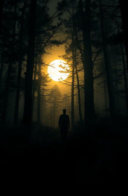A mysterious and horrifying forest scene illuminated by a golden moon casting eerie shadows
