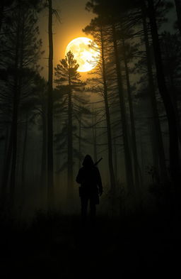 A mysterious and horrifying forest scene illuminated by a golden moon casting eerie shadows