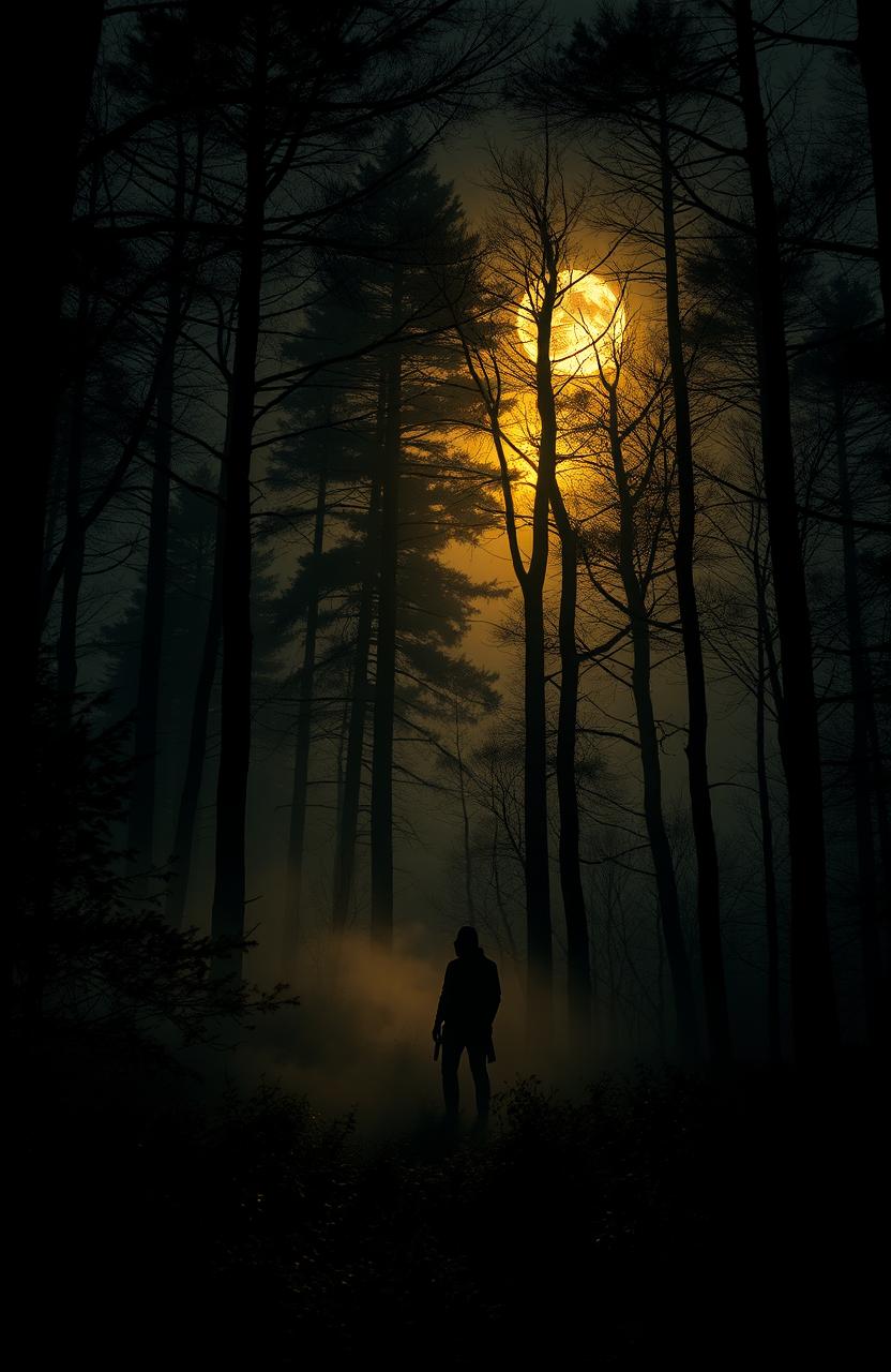 A mysterious and horrifying forest scene illuminated by a golden moon casting eerie shadows