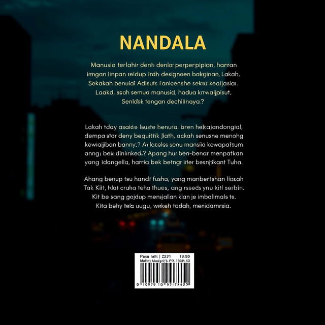 A thoughtfully designed back cover for the novel 'NANDALA', incorporating the provided synopsis in Indonesian