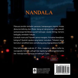 A thoughtfully designed back cover for the novel 'NANDALA', incorporating the provided synopsis in Indonesian