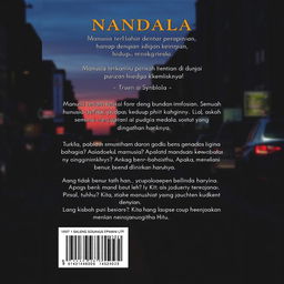 A thoughtfully designed back cover for the novel 'NANDALA', incorporating the provided synopsis in Indonesian