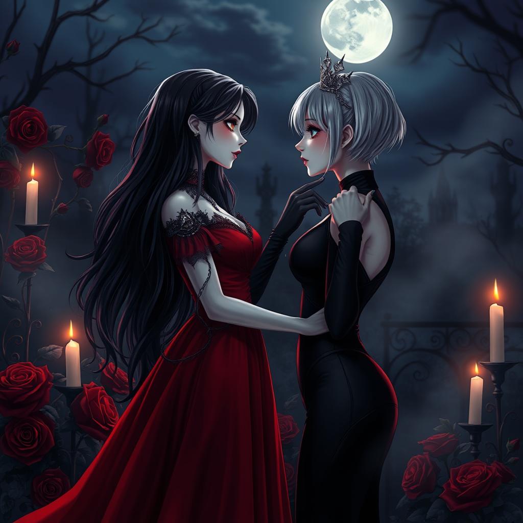 A captivating vampire romance scene featuring two enchanting vampire girls sharing a deep, intimate moment under a moonlit sky