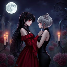 A captivating vampire romance scene featuring two enchanting vampire girls sharing a deep, intimate moment under a moonlit sky