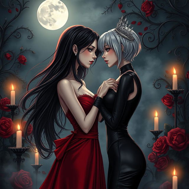 A captivating vampire romance scene featuring two enchanting vampire girls sharing a deep, intimate moment under a moonlit sky