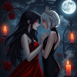 A captivating vampire romance scene featuring two enchanting vampire girls sharing a deep, intimate moment under a moonlit sky