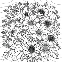 A detailed coloring book page featuring a variety of flowers, including roses, daisies, tulips, and sunflowers, arranged beautifully