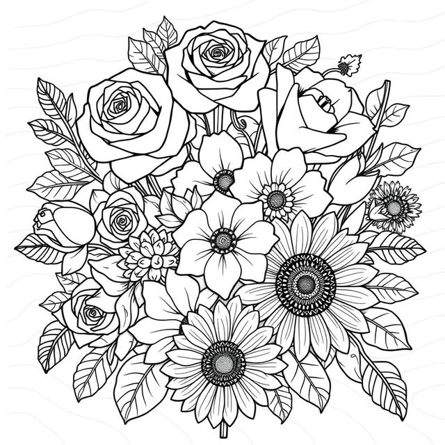 A detailed coloring book page featuring a variety of flowers, including roses, daisies, tulips, and sunflowers, arranged beautifully