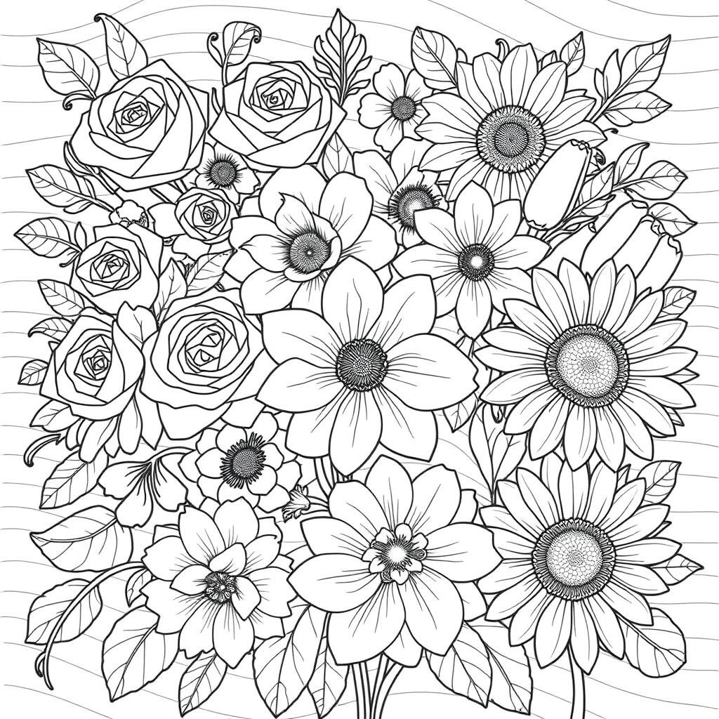 A detailed coloring book page featuring a variety of flowers, including roses, daisies, tulips, and sunflowers, arranged beautifully