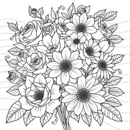 A detailed coloring book page featuring a variety of flowers, including roses, daisies, tulips, and sunflowers, arranged beautifully