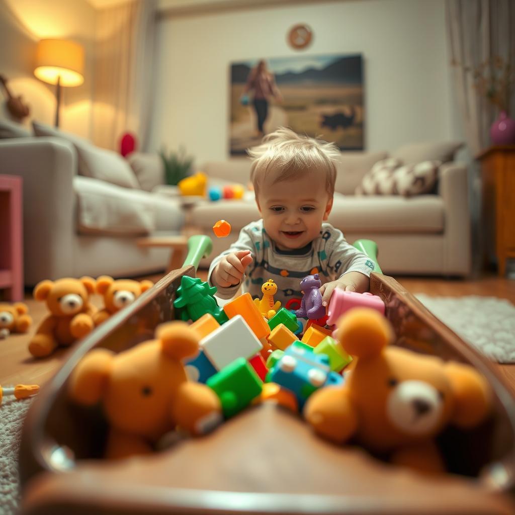 A cinematic close-up shot taken from inside a toy wheelbarrow, providing a unique and immersive perspective of a toddler's playtime