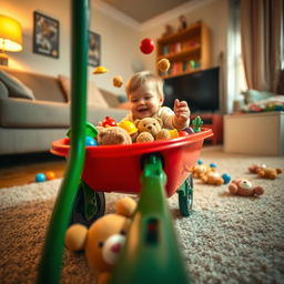 A cinematic close-up shot taken from inside a toy wheelbarrow, providing a unique and immersive perspective of a toddler's playtime