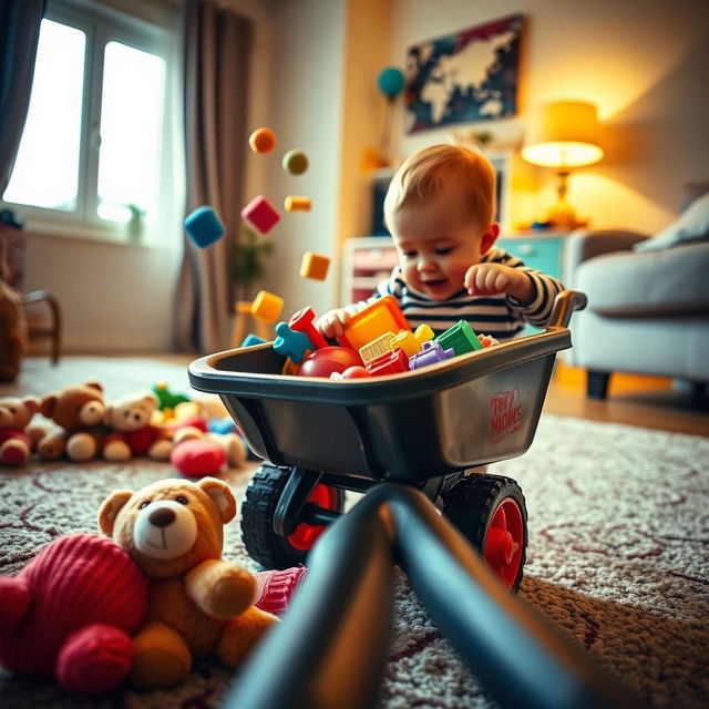 A cinematic close-up shot taken from inside a toy wheelbarrow, providing a unique and immersive perspective of a toddler's playtime