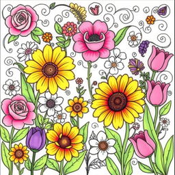 A beautifully illustrated coloring book page featuring a variety of vibrant flowers and intricate patterns