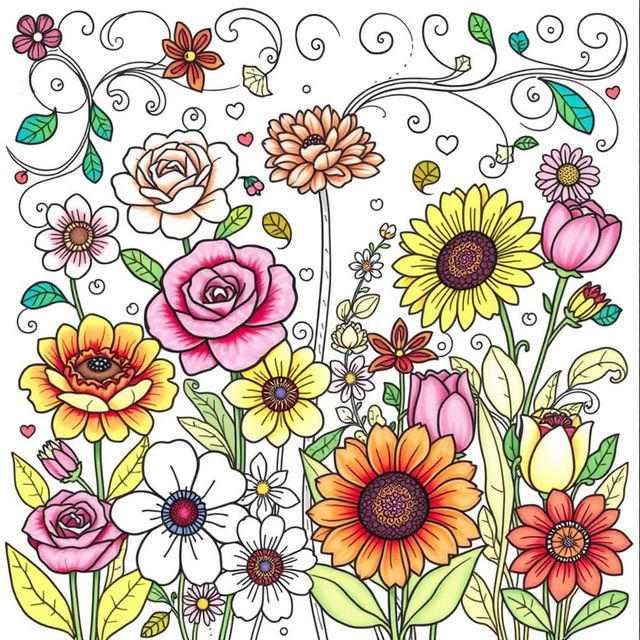 A beautifully illustrated coloring book page featuring a variety of vibrant flowers and intricate patterns