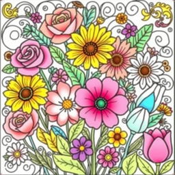 A beautifully illustrated coloring book page featuring a variety of vibrant flowers and intricate patterns
