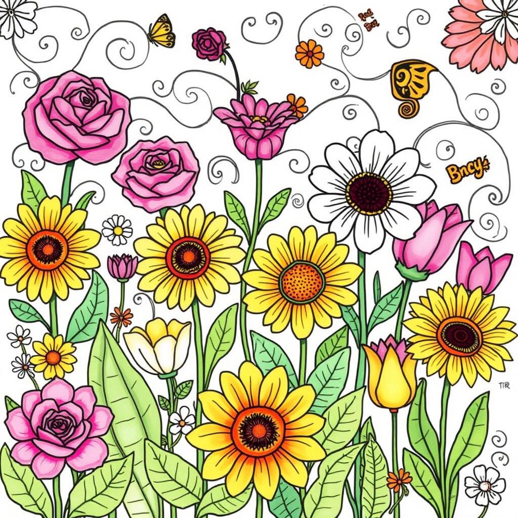 A beautifully illustrated coloring book page featuring a variety of vibrant flowers and intricate patterns