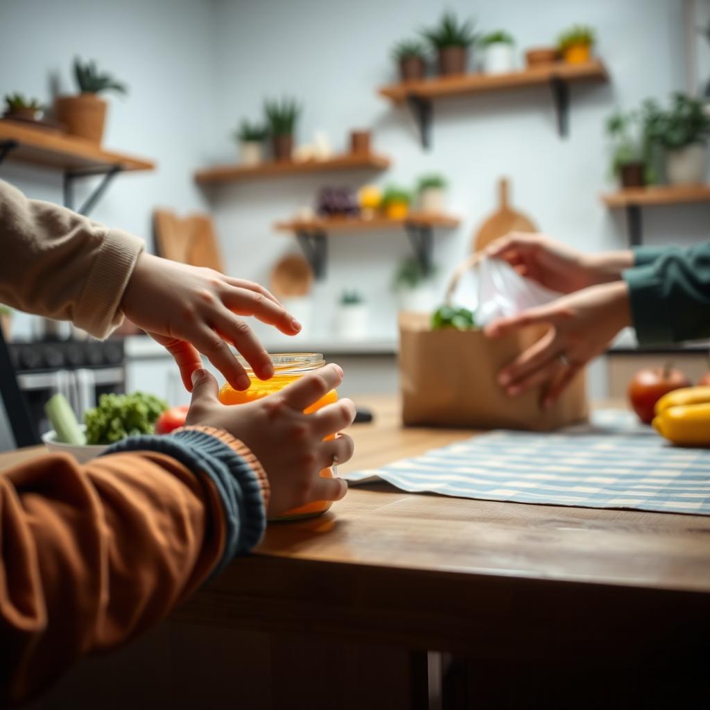 A cozy kitchen scene featuring a child's hand reaching out toward a toddler food jar perched on the edge of the table, evoking a sense of curiosity and warmth