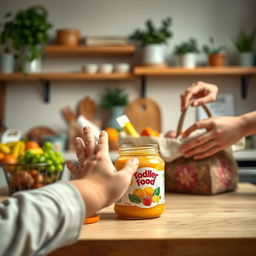 A cozy kitchen scene featuring a child's hand reaching out toward a toddler food jar perched on the edge of the table, evoking a sense of curiosity and warmth