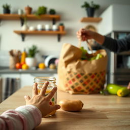 A cozy kitchen scene featuring a child's hand reaching out toward a toddler food jar perched on the edge of the table, evoking a sense of curiosity and warmth
