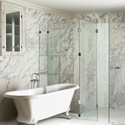 A modern classic bathroom design with a delicate mix of contemporary and traditional elements, featuring a claw-foot bathtub, a sleek glass shower stall, sleek marble top vanity, and chrome fixtures.