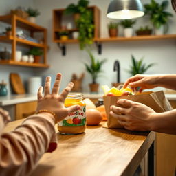 A cozy kitchen scene featuring a child's hand reaching out toward a toddler food jar perched on the edge of the table, evoking a sense of curiosity and warmth