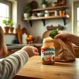 A cozy kitchen scene that captures a toddler's hand reaching toward a toddler food jar located on the opposite side of a wooden table, symbolizing curiosity and exploration