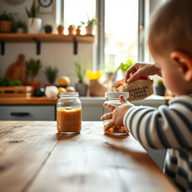 A cozy kitchen scene that captures a toddler's hand reaching toward a toddler food jar located on the opposite side of a wooden table, symbolizing curiosity and exploration