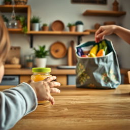 A cozy kitchen scene that captures a toddler's hand reaching toward a toddler food jar located on the opposite side of a wooden table, symbolizing curiosity and exploration