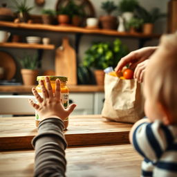 A cozy kitchen scene that captures a toddler's hand reaching toward a toddler food jar located on the opposite side of a wooden table, symbolizing curiosity and exploration