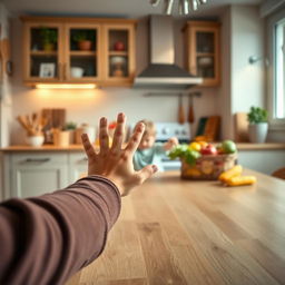 A charming kitchen scene where a toddler's hand is reaching out towards the kitchen table from the opposite side, filled with curiosity and eagerness