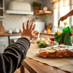 A charming kitchen scene where a toddler's hand is reaching out towards the kitchen table from the opposite side, filled with curiosity and eagerness