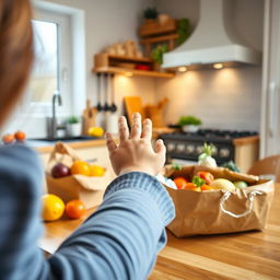A charming kitchen scene where a toddler's hand is reaching out towards the kitchen table from the opposite side, filled with curiosity and eagerness