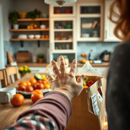 A charming kitchen scene where a toddler's hand is reaching out towards the kitchen table from the opposite side, filled with curiosity and eagerness