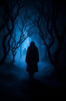 A captivating, mysterious scene that evokes a psychological atmosphere, featuring a dimly lit forest with twisted, shadowy trees and fog creeping along the ground