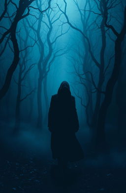 A captivating, mysterious scene that evokes a psychological atmosphere, featuring a dimly lit forest with twisted, shadowy trees and fog creeping along the ground