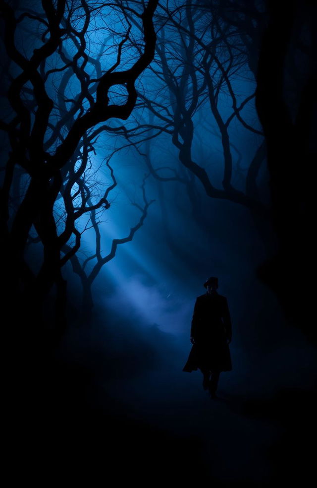 A captivating, mysterious scene that evokes a psychological atmosphere, featuring a dimly lit forest with twisted, shadowy trees and fog creeping along the ground