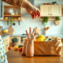 A delightful kitchen scene showing a toddler's hand reaching up from underneath the kitchen table, filled with curiosity and excitement