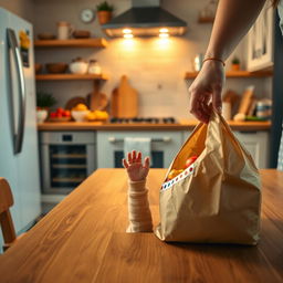 A delightful kitchen scene showing a toddler's hand reaching up from underneath the kitchen table, filled with curiosity and excitement