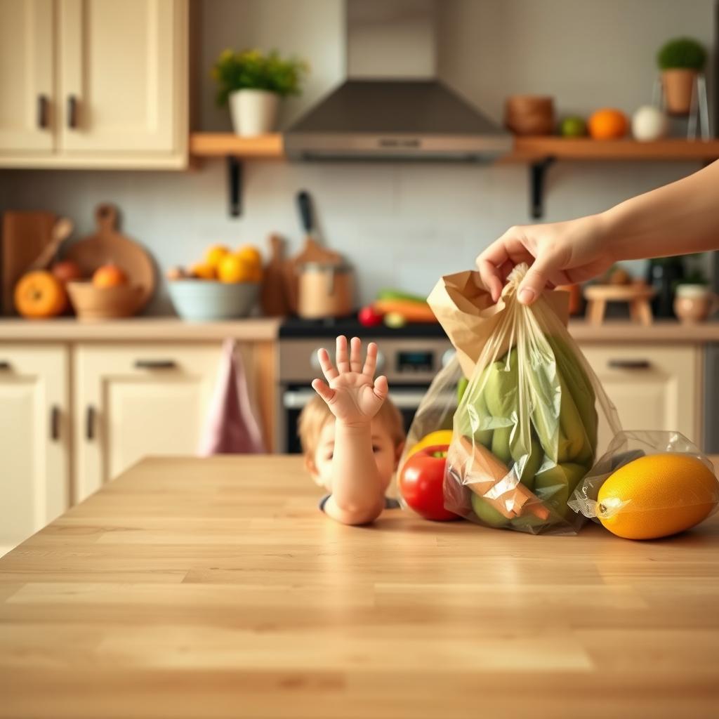 A delightful kitchen scene showing a toddler's hand reaching up from underneath the kitchen table, filled with curiosity and excitement