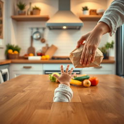 A delightful kitchen scene showing a toddler's hand reaching up from underneath the kitchen table, filled with curiosity and excitement