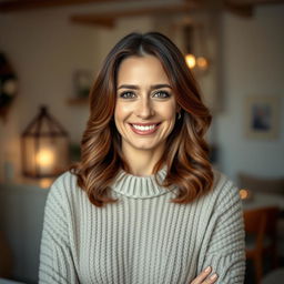 A woman aged between 30 and 45 years, featuring chestnut brown hair and a distinct European appearance, dressed in a fashionable and warm sweater