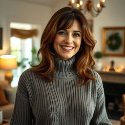 A woman aged between 30 and 45 years, featuring chestnut brown hair and a distinct European appearance, dressed in a fashionable and warm sweater