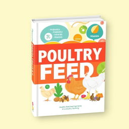 A book cover design featuring a vibrant and informative layout centered around poultry feed
