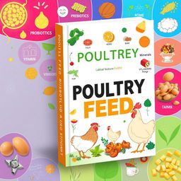 A book cover design featuring a vibrant and informative layout centered around poultry feed