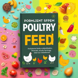 A book cover design featuring a vibrant and informative layout centered around poultry feed