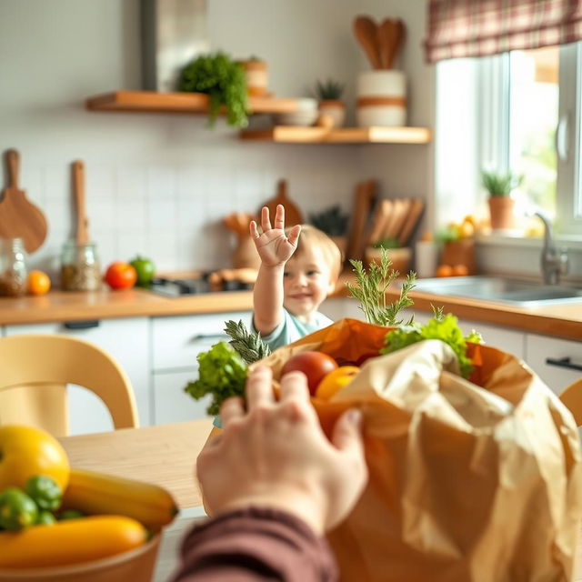 A heartwarming kitchen scene featuring a toddler's hand reaching up from behind the kitchen table, filled with curiosity as it tries to explore the world around