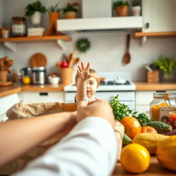 A heartwarming kitchen scene featuring a toddler's hand reaching up from behind the kitchen table, filled with curiosity as it tries to explore the world around